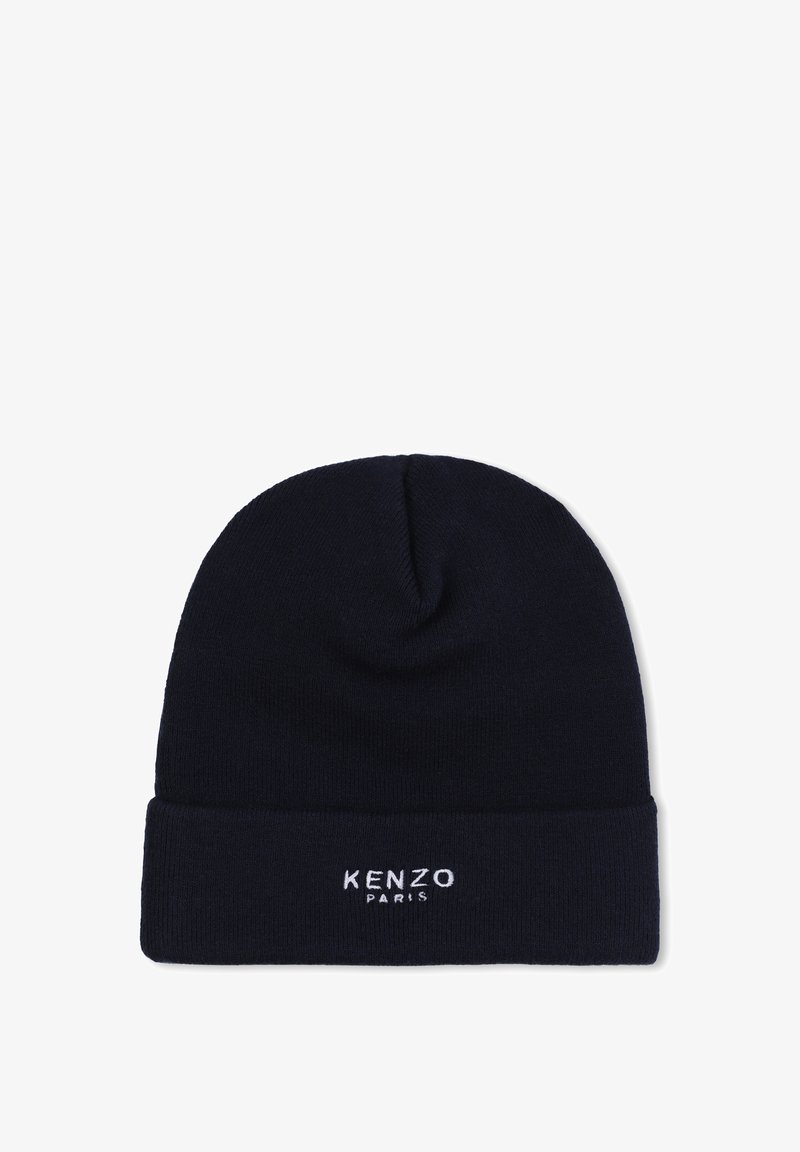 Marineblauwe gebreide beanie met een omgeslagen rand. Bevat een geborduurd "KENZO PARIS" logo in het wit aan de voorkant. Zachte textuur, strakke pasvorm.
