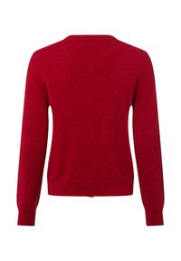 Czerwony sweter z dzianiny, z długimi rękawami, okrągłym dekoltem i ściągaczowym wykończeniem. Gładka faktura, bez wzorów, jednolity kolor. Widok od tyłu.