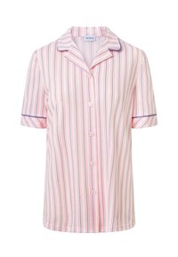 Korte mouwen roze pyjama top met verticale marineblauwe en witte strepen, knopen aan de voorkant en een kraag met inkeping met marineblauw accent.