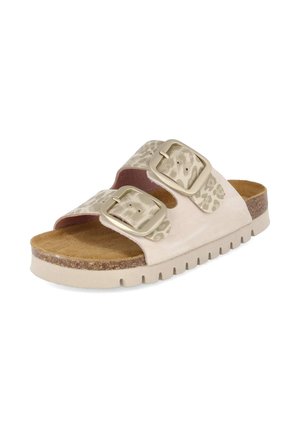 Sandale beige à bout ouvert avec deux brides réglables avec imprimé animal et grandes boucles carrées, semelle intérieure en liège et semelle à rainures.