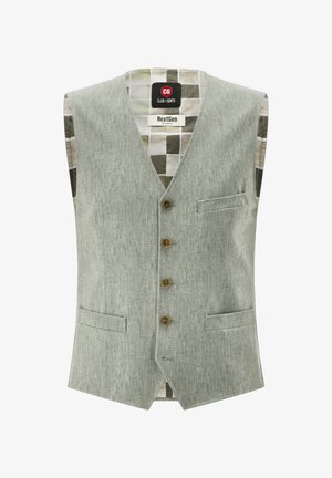 Ärmellose graue Weste aus strukturiertem Stoff, fünf braune Knöpfe und zwei Fronttaschen. Futter mit geometrischem Muster.