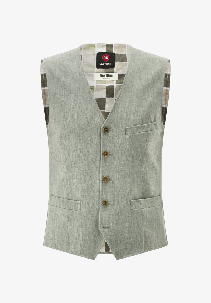 Ärmellose graue Weste aus strukturiertem Stoff, fünf braune Knöpfe und zwei Fronttaschen. Futter mit geometrischem Muster.