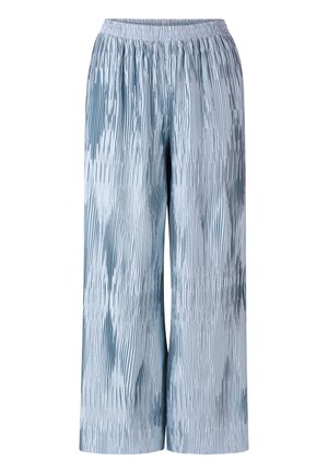 Light blue wide-leg pants with a textured, pleated design featuring varying shades of blue and an elastic waistband for comfortable fit.