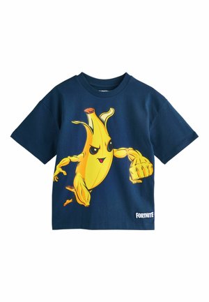 Tengerészkék rövid ujjú póló egy izmos, dühös rajzfilm banán karakterrel és fehér "Fortnite" logóval elöl.