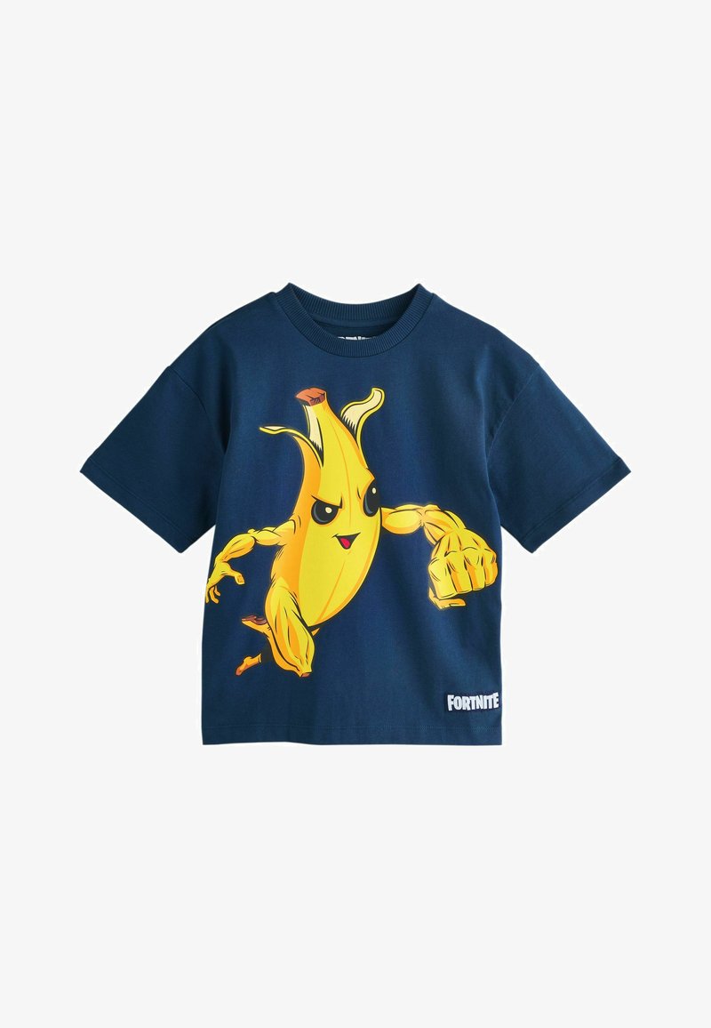 T-shirt bleu marine à manches courtes avec un personnage banane musclé et en colère de dessin animé et le logo blanc "Fortnite" sur le devant.