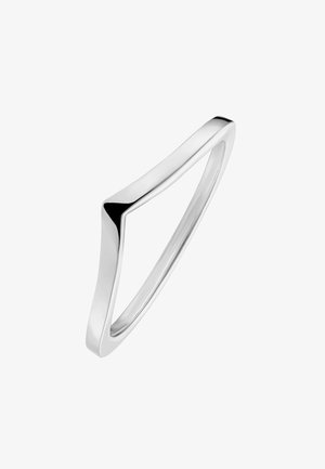 Silberner Ring mit einem wellenförmigen geometrischen Design, poliertem Finish und einer verjüngten Bänder. Glatte, elegante Textur ohne zusätzliche Verzierungen.