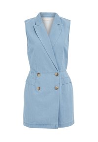Ljusblå denimklänning utan ärmar med dubbelknapprad, slagkrage och två framtaske. Har bruna knappar.