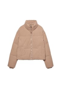Beżowa krótka kurtka puchowa z kordurowego materiału, z wysokim kołnierzem, zamek błyskawiczny z przodu oraz dwiema dużymi kieszeniami po bokach. Miękka tekstura i pikowany design.