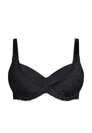 Sort blonde underwired bh med justerbare stropper og blomsterbroderi på skåle og bånd, vist på hvid baggrund.