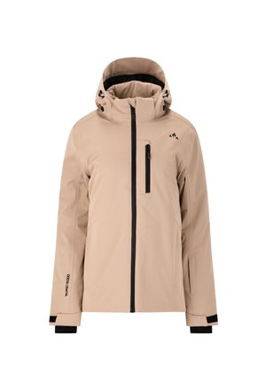 Veste imperméable beige avec fermeture éclair à l'avant, capuche ajustable, accents noirs et poche poitrine. Présente des épaules arrondies et un design élégant.