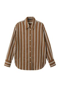 Camisa marrón de manga larga con botones, rayas verticales blancas y negras, cuello puntiagudo y puños abotonados.