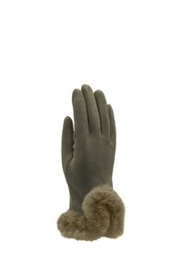 Guanto in suede verde oliva con morbido bordo di pelliccia soffice al polso, mostrato in posizione verticale su uno sfondo bianco.