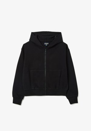 Haut à capuche noir zippé en matière polaire, doté d'une grande poche frontale, d'une capuche avec cordon de serrage et de poignets côtelés pour un ajustement confortable.