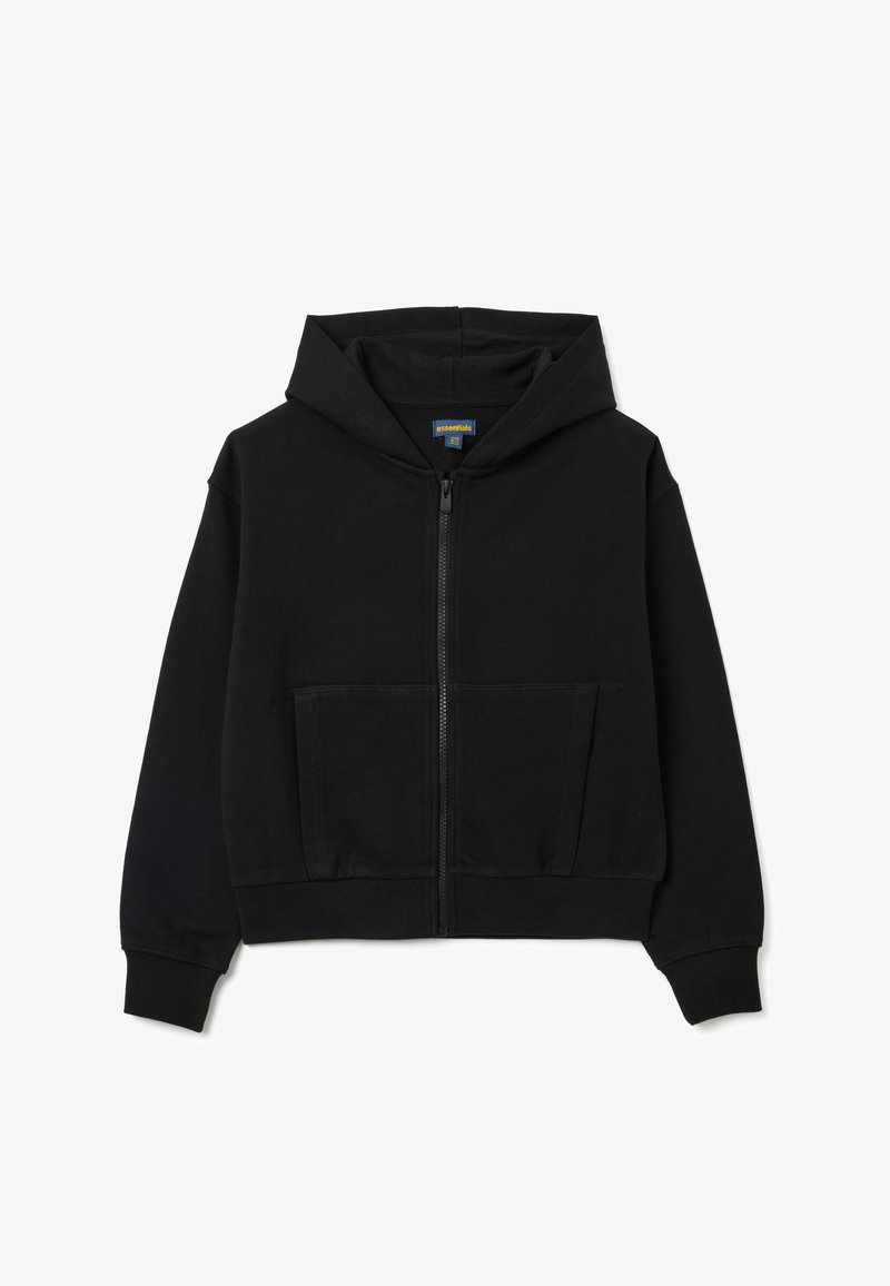 Sudadera de cremallera negra hecha de material de forro polar, con un amplio bolsillo frontal, capucha con cordones y puños acanalados para un ajuste ceñido.