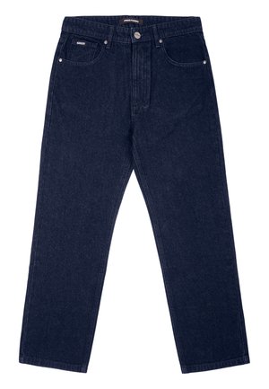 Jeans in denim blu scuro con taglio dritto, dotati di due tasche frontali, chiusura con un solo bottone e dettagli di cucitura a contrasto.