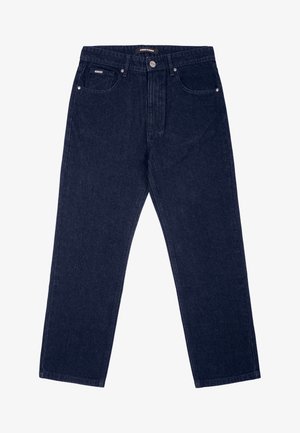 Jeans in denim blu scuro con taglio dritto, dotati di due tasche frontali, chiusura con un solo bottone e dettagli di cucitura a contrasto.