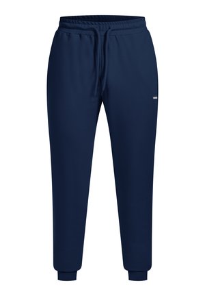 Pantaloni tuta blu navy realizzati in morbido tessuto. Presentano una vita elastica con cordoncino e polsini a coste alle caviglie. Accento con piccolo logo.