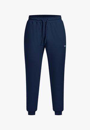 Navy blue sweatpants made of soft fabric. Features an elastic waistband with a drawstring and ribbed cuffs at the ankles. Small logo accent.