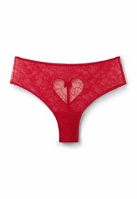 Roter Spitzenstring mit herzförmigem Cutout und Blumenmuster. Weiche Textur mit kontrastierendem Taillenbund, für eine verführerische Passform entworfen.