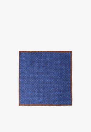 Blue silk pocket square with small white polka dots and a brown border, laid flat on a white background.
