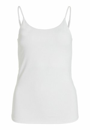 White camisole top made of smooth fabric, featuring thin spaghetti straps and a simple, unembellished design.