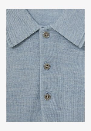 Lichtblauwe polo met een textuur in de stof. Heeft een klassieke kraag en vier metalen knopen. Eenvoudig ontwerp zonder patronen.