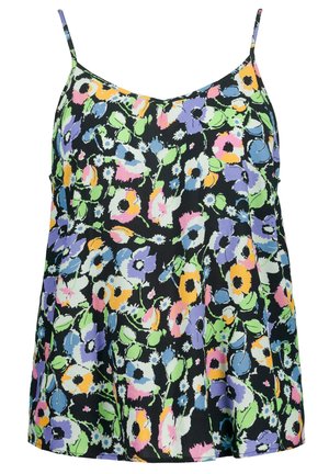 Czarny top bez rękawów z cienkimi ramiączkami, z wielokolorowym kwiatowym wzorem w pastelowych odcieniach fioletu, różu, zieleni, żółci i niebieskiego.