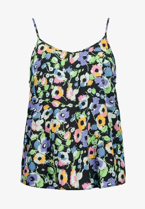 Zwart mouwloos topje met dunne bandjes met een meerkleurig bloemenpatroon in pasteltinten paars, roze, groen, geel en blauw.