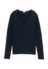 Pull bleu marine à manches longues avec un décolleté en V profond. Fabriqué en tissu doux avec une texture lisse. Design simple, sans motifs ni accents visibles.