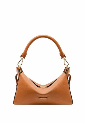 Sac à main en cuir marron avec poignée incurvée, ferrures dorées et logo Lancel Paris au centre avant.