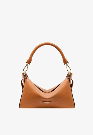 Sac à main en cuir marron avec poignée incurvée, ferrures dorées et logo Lancel Paris au centre avant.