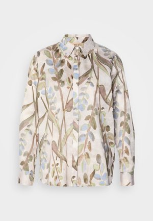 Long-sleeve button-up shirt in light fabric featuring a watercolor leaf pattern in greens and blues on a beige background.