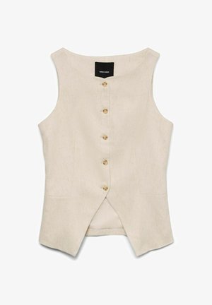 Crème-kleurige mouwloze top met vijf knopen aan de voorkant, een rechte halslijn en een licht taps toelopende pasvorm. Gemaakt van textuurstof.