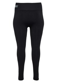 Svarta leggings gjorda av stretchigt tyg med hög midja. Har en slät textur och en subtil logotyp på midjan.