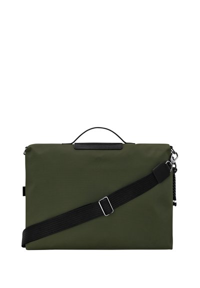 Olive green rectangular laptop bag with black adjustable shoulder strap and small black handle on top.