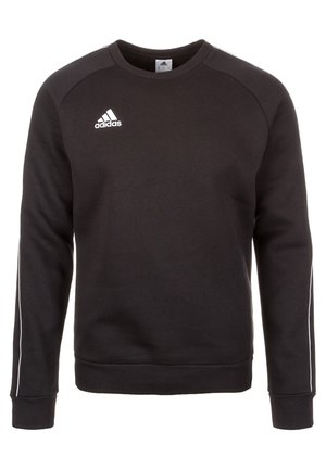 Czarna bluza Adidas z długim rękawem, z okrągłym dekoltem i białym logo na lewej piersi, z subtelnymi białymi paskami wzdłuż rękawów.