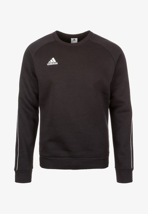 Sweat-shirt noir Adidas à manches longues, col rond avec logo blanc sur le côté gauche de la poitrine, présentant de discrètes rayures blanches le long des manches.