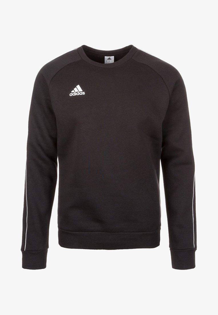 Sweat-shirt noir Adidas à manches longues, col rond avec logo blanc sur le côté gauche de la poitrine, présentant de discrètes rayures blanches le long des manches.