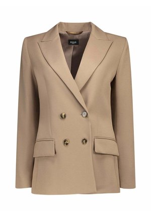 Blazer doppiopetto in tessuto beige, con colletto a revers, due tasche frontali e bottoni dorati per la chiusura.