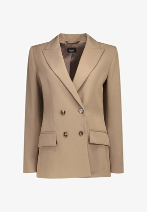 Dubbelzijdige blazer in tan stof, met een gelapte kraag, twee borstzakken en gouden knopen voor het sluiten.
