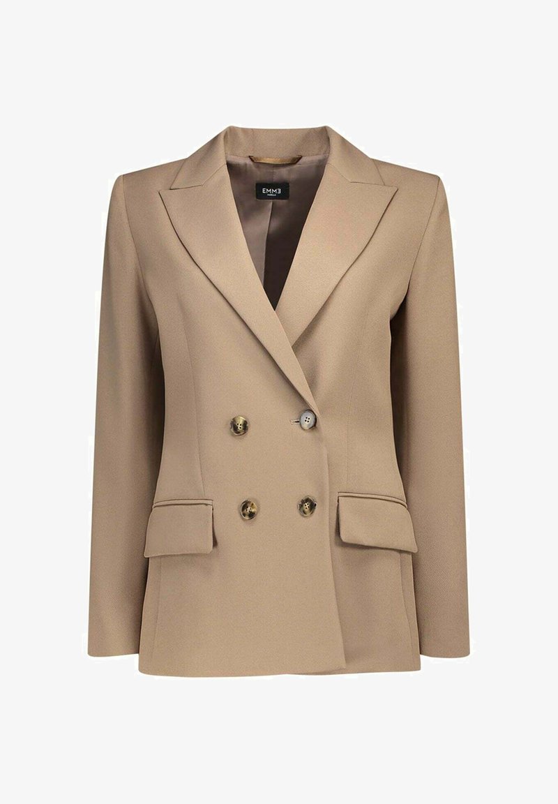 Blazer croisé en tissu beige, comprenant un col cranté, deux poches avant et des boutons dorés pour le fermeture.