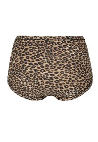 Högmidjade trosor i leopardmönster, tillverkade av ett slätt material, med en beige bakgrund och mörka leopardfläckar samt en enkel midjeband.