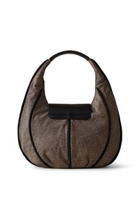 Soft, patterned handbag with a black trim, featuring a round shape and a single curved handle. Closure is a black flap. Textured surface.