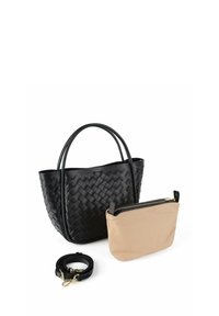 Sac à main tissé noir avec deux poignées, accompagné d'une pochette en tissu beige dotée d'une fermeture éclair et d'une bandoulière détachable.