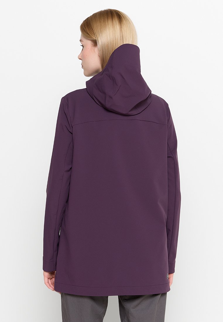 Giacca con cappuccio viola dal tessuto liscio, caratterizzata da una vestibilità morbida e un'orlo posteriore leggermente più lungo. Nessun hardware o motivo visibile.