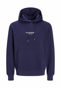Felpa con cappuccio blu navy realizzata in tessuto misto cotone, con tasca frontale a marsupio, cappuccio regolabile con coulisse e logo bianco sul petto.