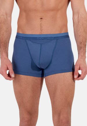 Blaue Boxershorts aus weichem Material, mit einem körpernahen Schnitt, elastischem Bund mit "HOM"-Logo und glatten Beinöffnungen.