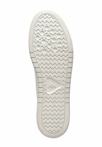Suola di scarpa in gomma bianca con un motivo a zigzag e caratteristiche di presa circolare. Include il logo del marchio in forma triangolare vicino al centro.