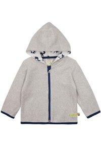 Lys grå fleece hoodie til børn med marineblå lynlås og kanter, dyreprint-foring indeni hætten og et lille stofmærke på kanten.