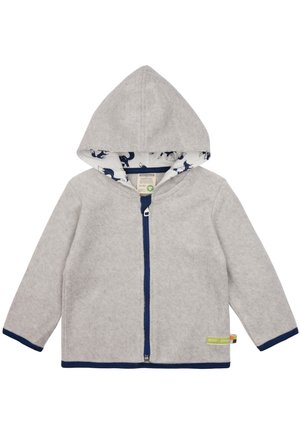 Haut de hoodie en polaire gris clair pour tout-petit avec une fermeture éclair et des finitions bleu marine, doublure en imprimé animal à l'intérieur de la capuche, et une petite étiquette en tissu sur l'ourlet.